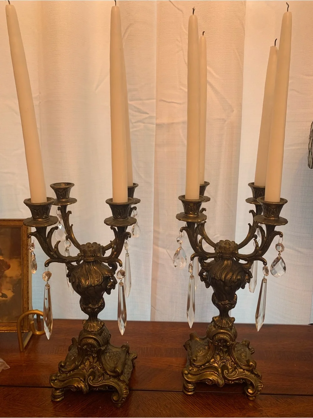 Ornate Brass Four Arm Candelabra Pair in Gold.  Glass tear drops